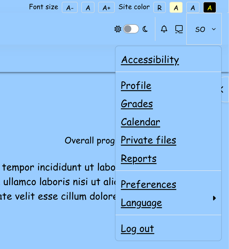 A test Moodle site with the Moove theme turned on. The usually white background has been changed to blue, the font size is larger, and the font itself is now dyslexia-friendly. 